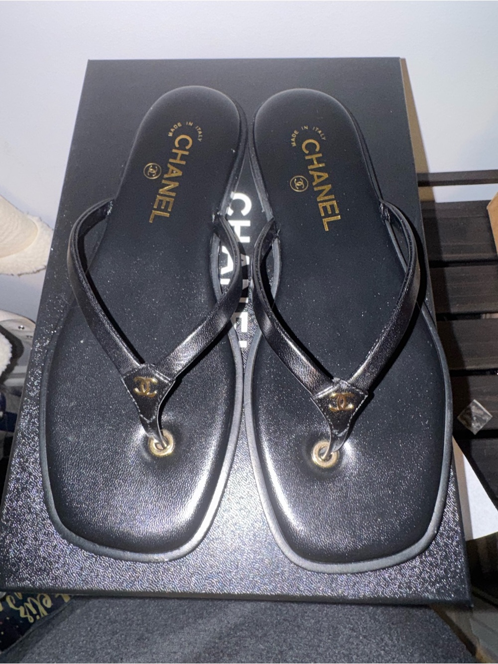 CHANEL Black Leather ThongSandals 37.5 Brand new with box and dustbag new season